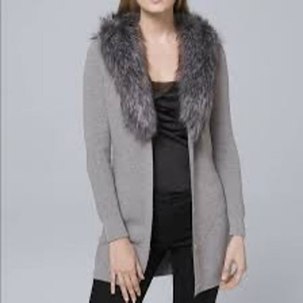 WHBM Women's Button Down Gray Cardigan with Faux Fur Collar Size M
